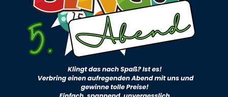 Ein Plakat für einen Bingo-Abend am 23. September um 18:30 in SFZ. Es zeigt einen blauen Hintergrund mit bunten Bingokugeln und Zahlen. Der Text verspricht einen unterhaltsamen Abend mit tollen Preisen.