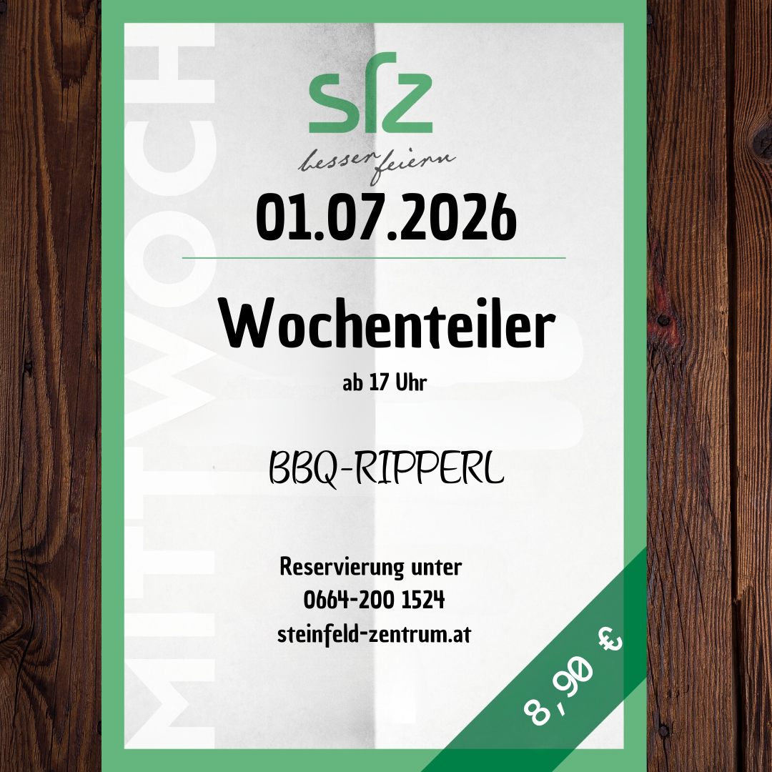 Eine Anzeige für eine wöchentliche Veranstaltung am 01.07.2026 mit BBQ bei Ripperl, inklusive Reservierungsnummer und Preis.