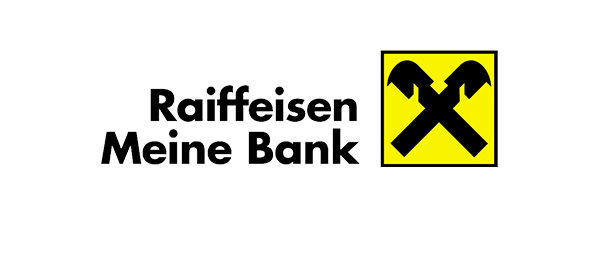 Das Raiffeisen Meine Bank Logo zeigt ein gelbes Hammersymbol auf schwarzem Hintergrund.