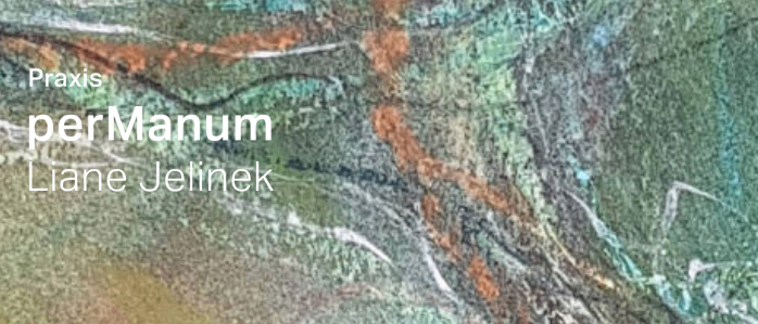 Ein abstraktes Gemälde mit verschiedenen Grün-, Braun- und Weißtönen, wobei der Name des Künstlers, Jelinek, in fetten weißen Buchstaben geschrieben ist.