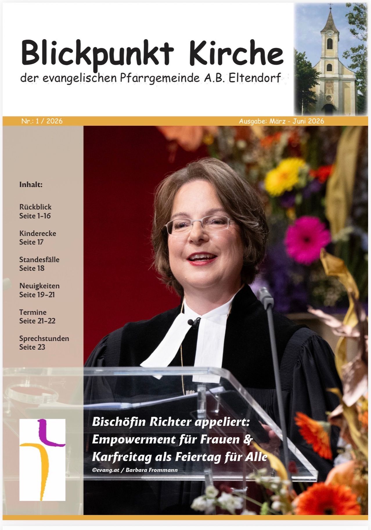 A magazine cover featuring a smiling woman in formal attire at a podium, with the title 'Bischöfin Richter appelliert: Empowerment für Frauen &...' below.