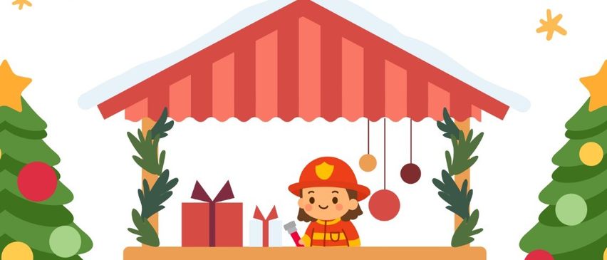 Werbeposter für einen Feuerwehrstand mit einem Feuerwehrmann, der Glühwein verkauft, am Karl Tisch Platz 1 am Freitag, 12. Dezember 2025, ab 17:00 Uhr.