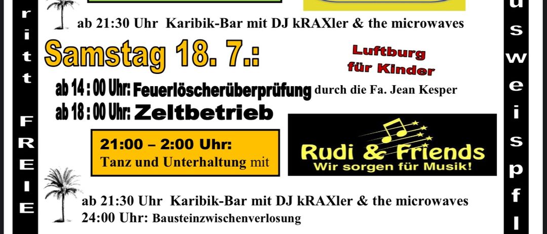Veranstaltungsposter vom 17. bis 19. Juli 2026 mit Daten, Zeiten und Aktivitäten. Freitag beinhaltet einen Tanz mit DJ von 21-22 Uhr. Samstag hat eine Feuerlöscherüberprüfung von 14-15 Uhr und einen Zeltbetrieb von 18-19 Uhr. Sonntag bietet eine Feldmesse um 9 Uhr und ein Fest mit Essen, Getränken und Reden von 11-15 Uhr.