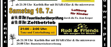 Veranstaltungsposter vom 17. bis 19. Juli 2026 mit Daten, Zeiten und Aktivitäten. Freitag beinhaltet einen Tanz mit DJ von 21-22 Uhr. Samstag hat eine Feuerlöscherüberprüfung von 14-15 Uhr und einen Zeltbetrieb von 18-19 Uhr. Sonntag bietet eine Feldmesse um 9 Uhr und ein Fest mit Essen, Getränken und Reden von 11-15 Uhr.