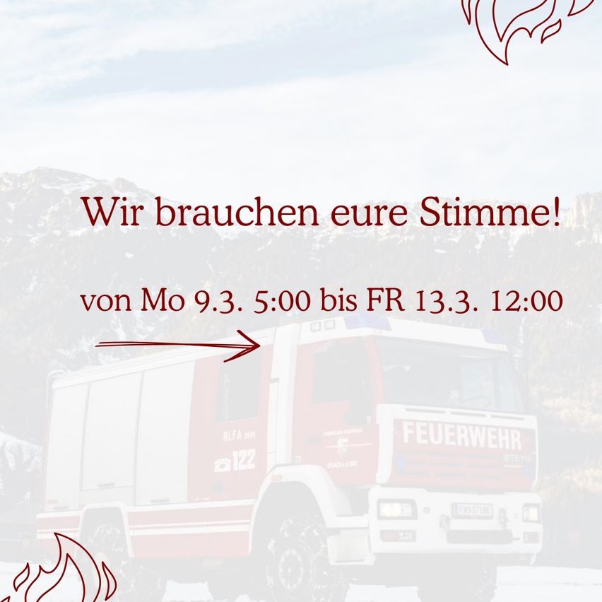 A fire truck with the text 'Wir brauchen eure Stimme!' and a number '122' is displayed. The date and time are indicated as Monday, 9th March at 5:00 and Friday, 13th March at 12:00.