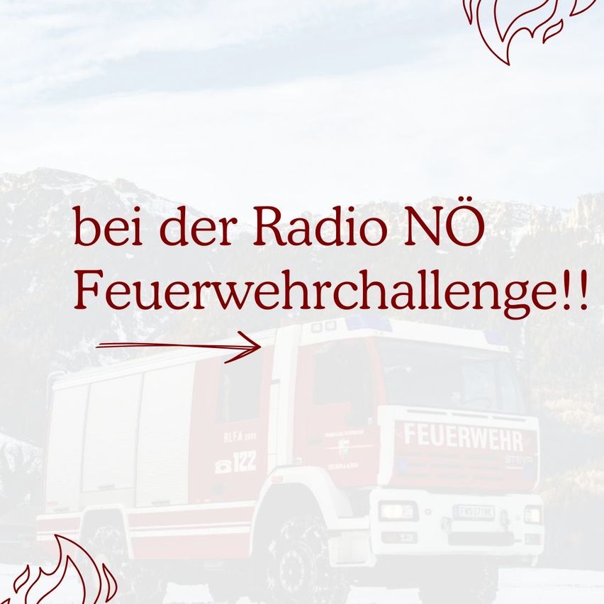 A fire truck in front of a mountain range with a sign that reads 'bei der Radio NO Feuerwehrchallenge!!' and an arrow pointing at the truck.