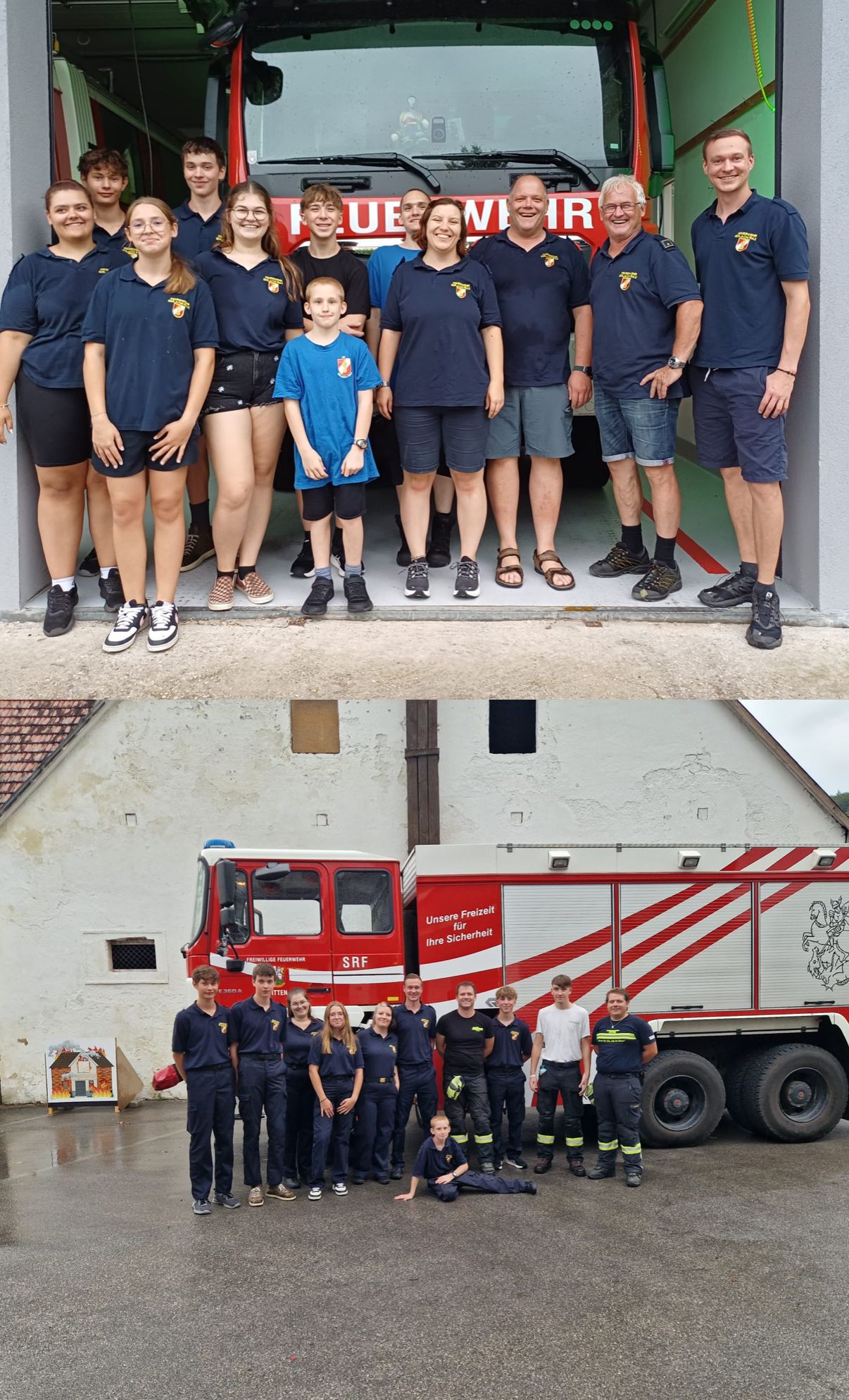 Eine Gruppe von Menschen in Marineblau-Uniformen und ein junger Junge in einem blauen Shirt stehen vor einem Feuerwehrauto. Eine weitere Gruppe von Menschen in Marineblau-Uniformen steht vor einem Gebäude.
