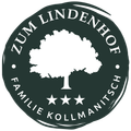 Das Logo von 'Zum Lindenhof Familie Kollmantsch' zeigt einen Baum in der Mitte mit drei Sternen darunter, auf schwarzem Hintergrund.