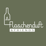 Das Logo von Flaschenduft und Friends zeigt eine Flasche mit einer brennenden Kerze darin, vor einem grünen Hintergrund.