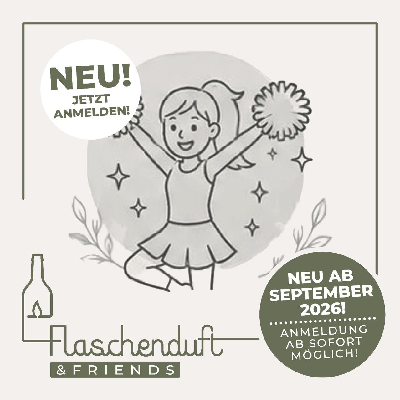 Eine Illustration einer Mädchen mit Pom-Poms, die in der Luft springt, mit Sternen um sie herum, einer Flasche und einem Schild, das 'Neu! Jetzt Anmelden!' und 'Neu ab September 2026!' sagt.