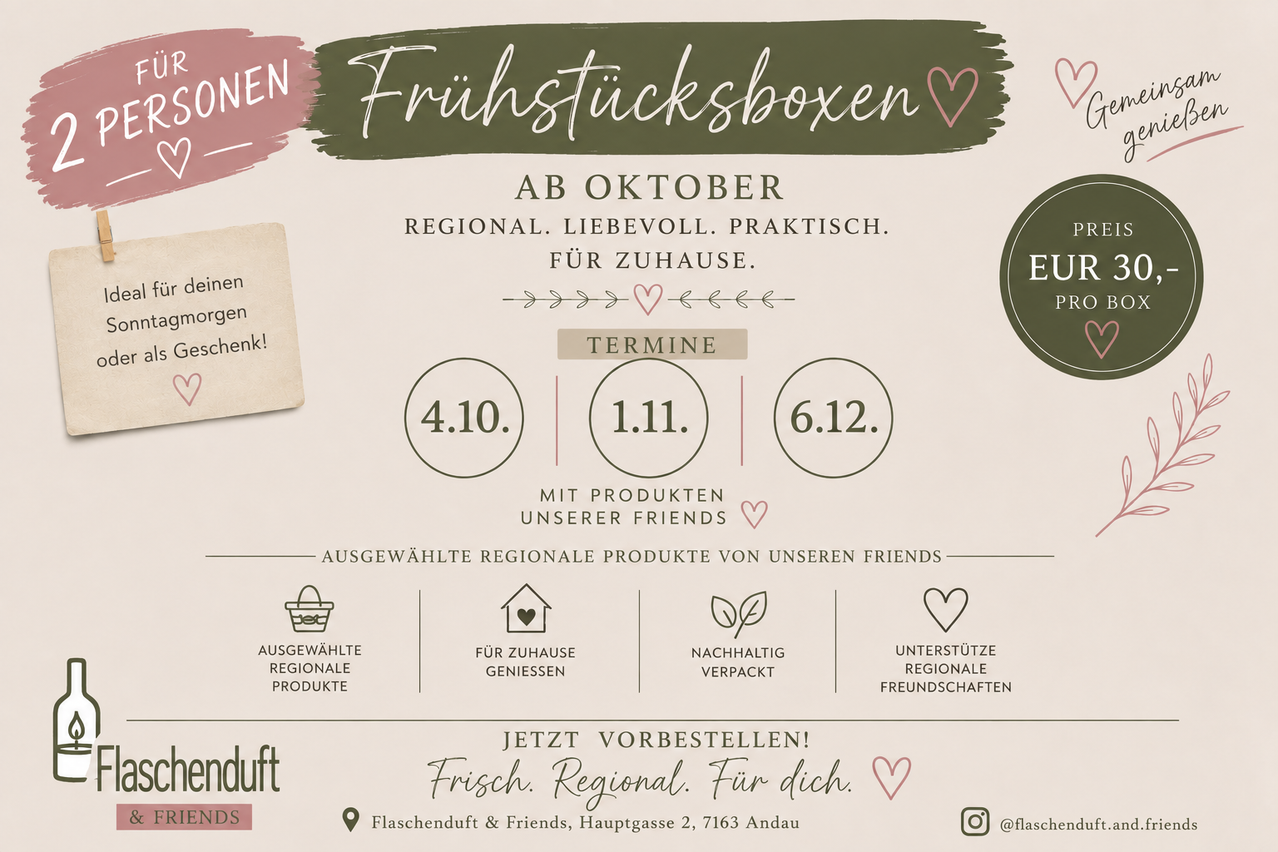 Werbeanzeige für einen regionalen Obstkorb-Abonnementdienst, der die Vorteile von frischen, regionalen Produkten hervorhebt, die direkt an Ihre Haustür geliefert werden. Die Liefertermine sind deutlich angegeben.