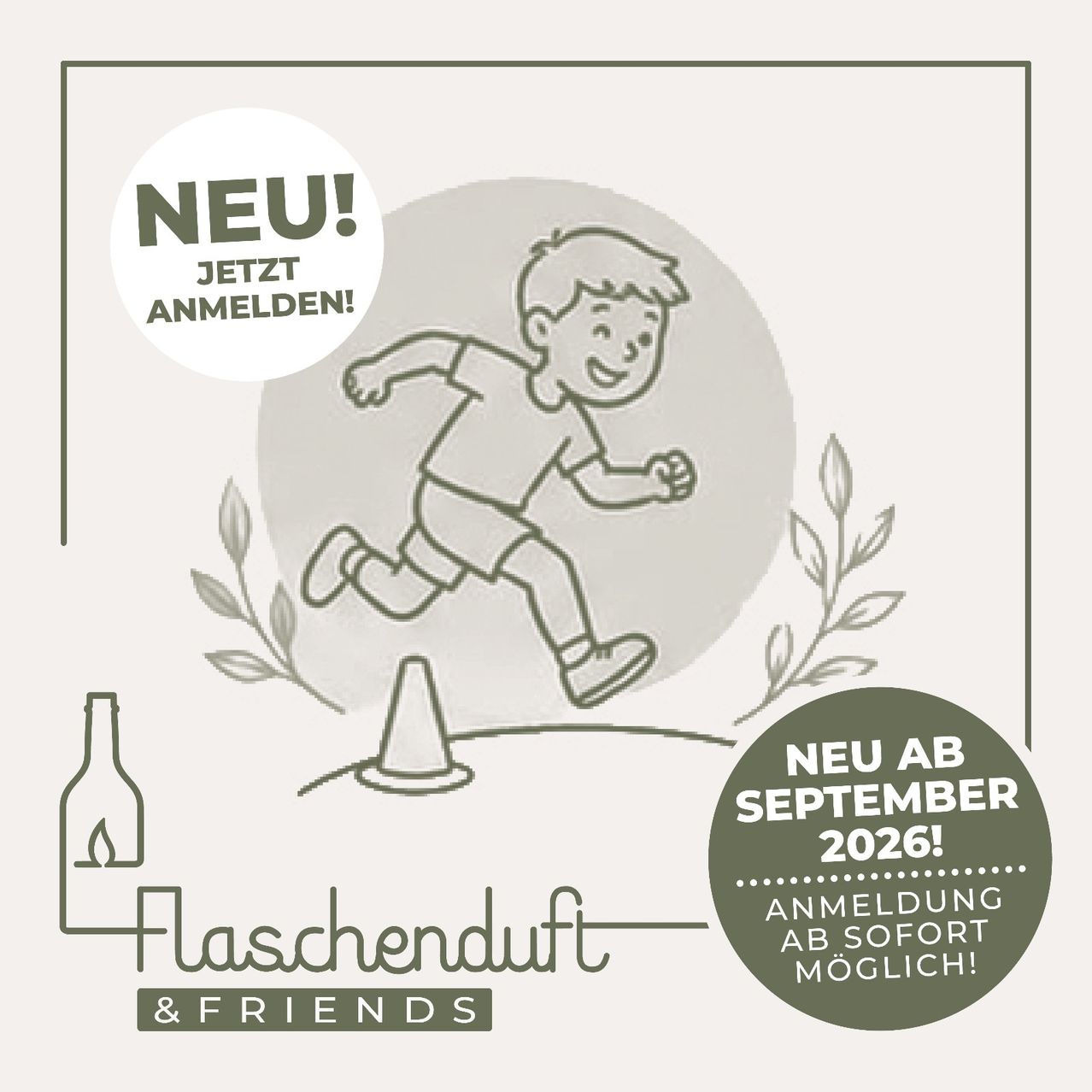 An advertisement for a new event starting September 2026. It features a boy running over a cone with text 'NEU! JETZT ANMELDEN!' and an illustration of a bottle with a light. The poster has a green border.