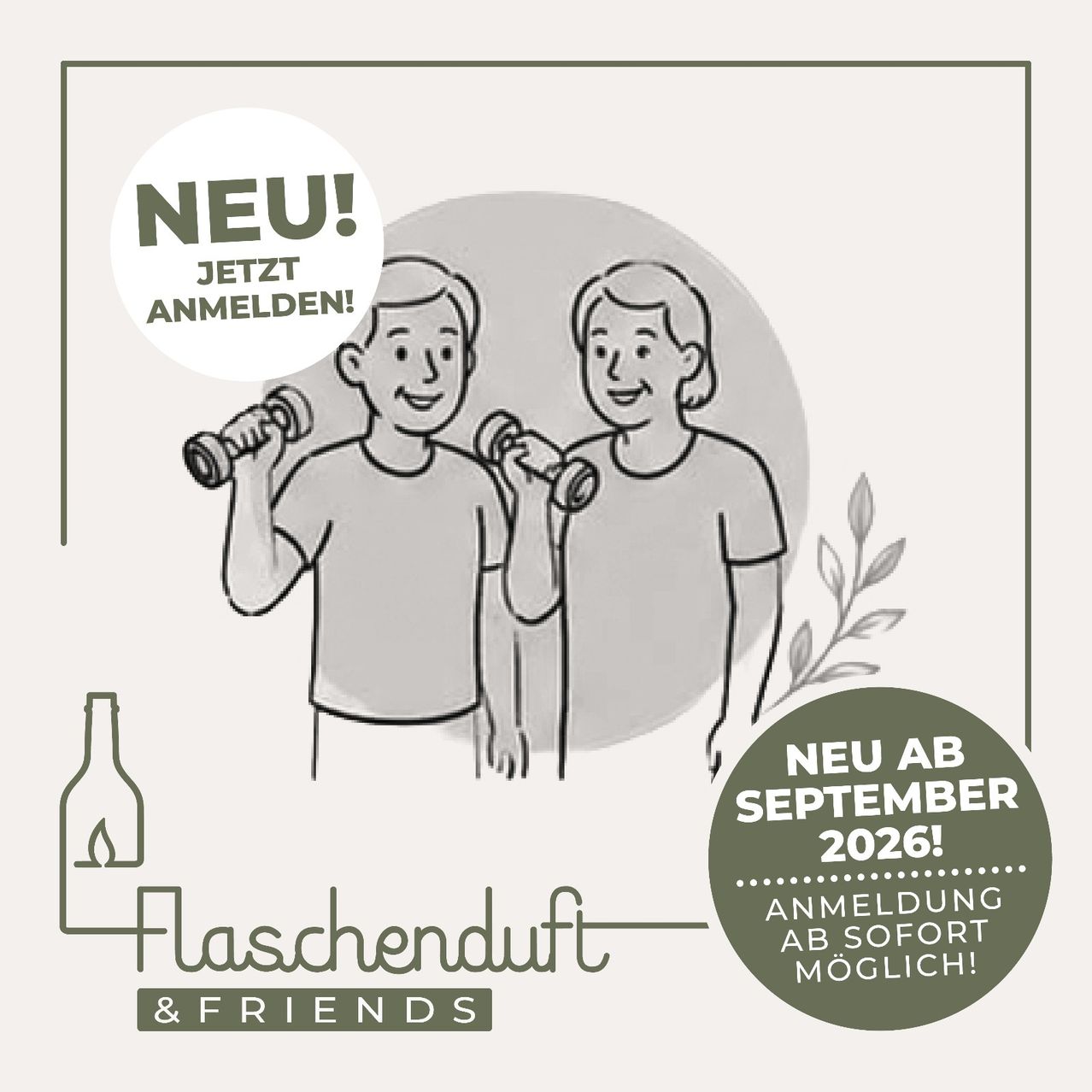 Poster advertising a new workout program starting in September 2026. It features two people exercising and includes a bottle and leaves as design elements. The text 'NEW! NOW SIGN UP!' is prominently displayed.