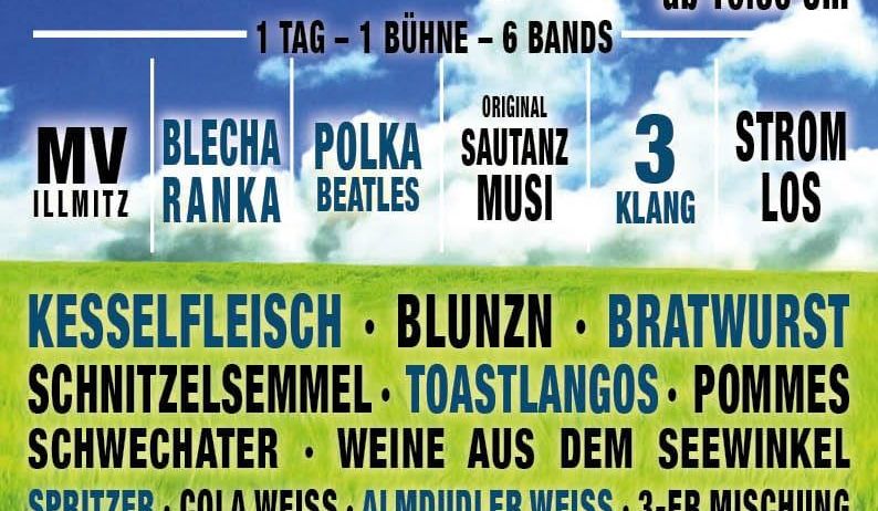 Plakat für ein Musikevent in Mönchhof am 21.2.2026, Beginn um 10:00 Uhr. Bietet Livemusik ab 10:30 Uhr, einen Tag, eine Bühne und sechs Bands. Bands umfassen MV Illmitz, Blecha Ranka, Polka Beatles, Original Sautanz Musi, 3 Klang und Strom Los. Aufgeführte Speisen und Getränke.
