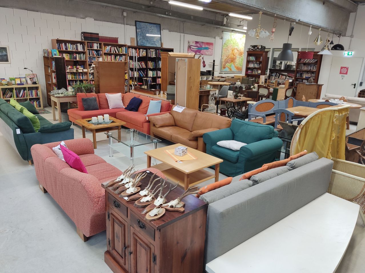 Ein Raum gefüllt mit Möbeln wie Sofas, Stühlen, Tischen und Bücherregalen. Dekoriert mit Hirschschädeln und verschiedenen Kissen.