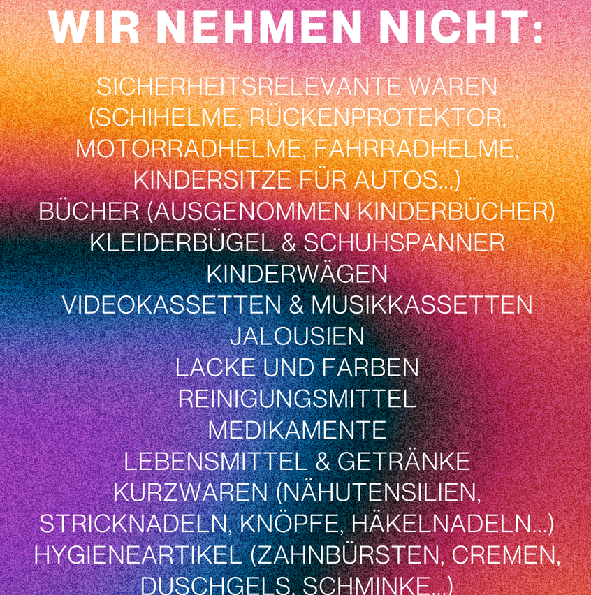 Ein Bild listet nicht akzeptierte Liefergegenstände auf, einschließlich Sicherheitsausrüstung, Bücher, Bekleidungszubehör, Kinderartikel, Medien, Farben, Reinigungsmittel, Medikamente, Lebensmittel, Getränke, Kosmetika und Hygieneprodukte.