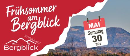 Eine rote Grafik mit 'Sommer in Blick' darauf. Ein Bergpanorama ist im Hintergrund zu sehen. Das Datum '3. März' ist auf einem Kalender sichtbar.