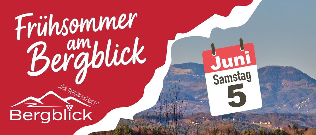 Ein rot-weißes Banner mit dem Wort Sommerblick in Weiß auf rotem Hintergrund, mit einem Bergrücken und Grün. Das Wort Samstag in Weiß auf rotem Hintergrund.