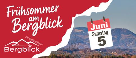 Ein rot-weißes Banner mit dem Wort Sommerblick in Weiß auf rotem Hintergrund, mit einem Bergrücken und Grün. Das Wort Samstag in Weiß auf rotem Hintergrund.