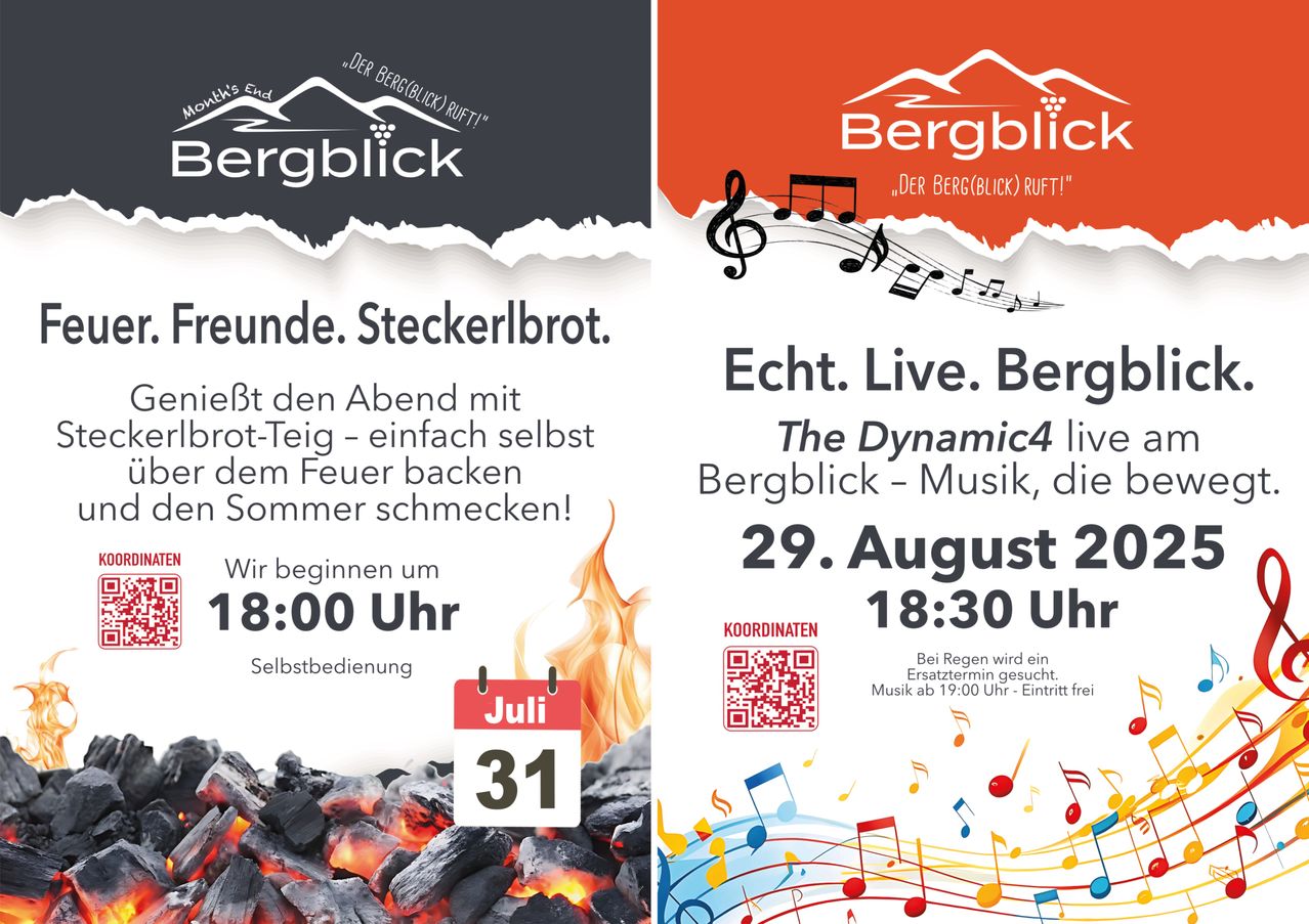 Eine Werbung für die Veranstaltung von Bergblick am 31. Juli. Es zeigt ein Feuerbild und Musiknoten, mit Fokus auf Live-Musik und Selbstbedienung. Datum und Uhrzeit sind hervorgehoben.