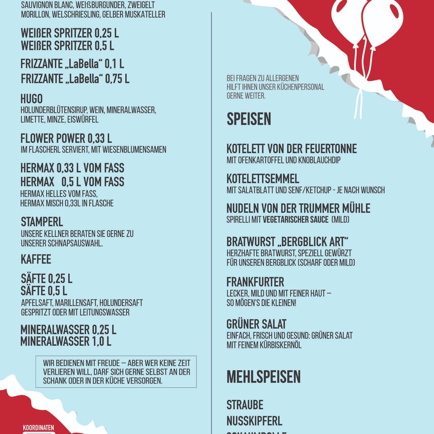 The image lists various beverages and food items, including wine, fruit juices, coffee, and salads. It also offers a range of schnapps and meal options. Each item is described with its name, ingredients, and preparation details. It highlights the availability of these items at a bar and the option to serve oneself.