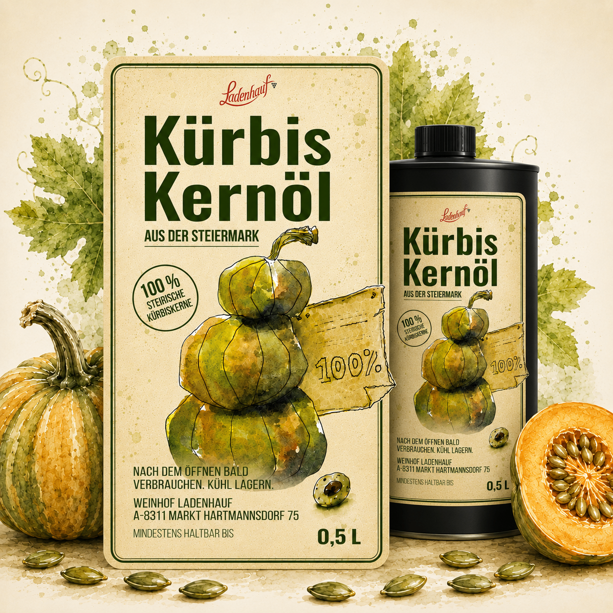 An advertisement for Kürbis Kernöl, a pumpkin seed oil product from the Steiermark region, featuring illustrations of pumpkins and seeds.