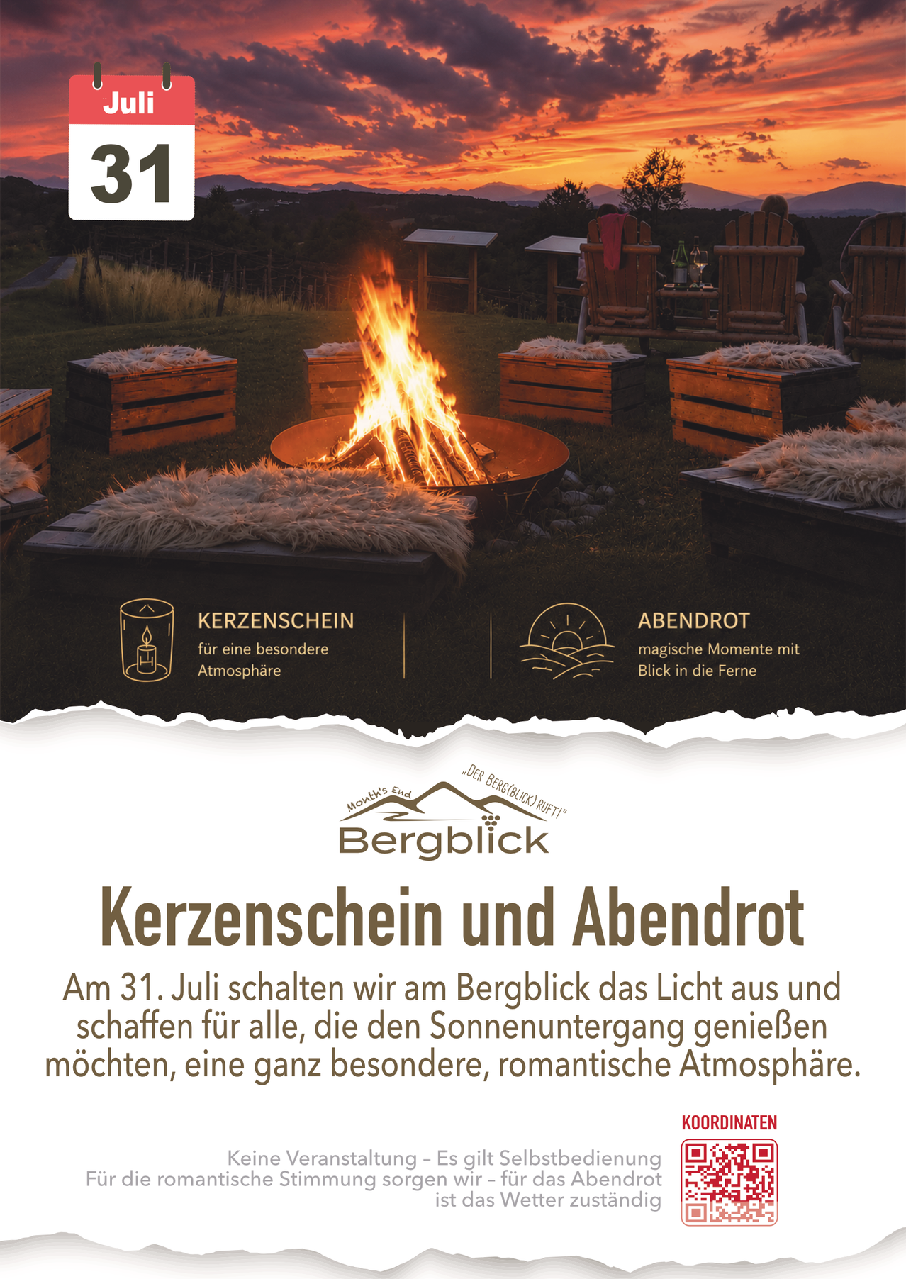 Eine Werbung für Kerzenschein und Abendrot zeigt ein Lagerfeuer, um das herum Menschen sitzen und einen romantischen Abend bei Sonnenuntergang genießen.