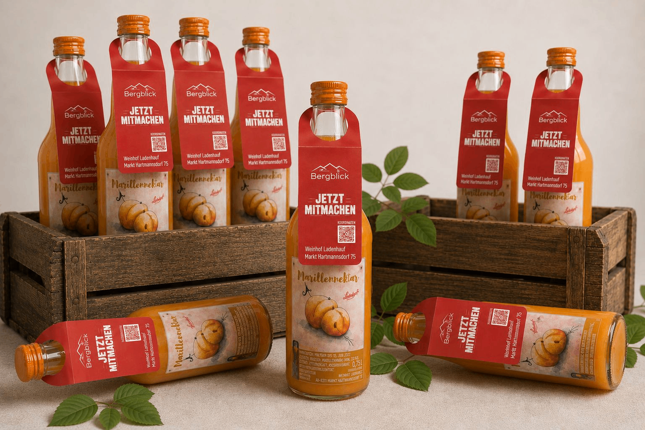 A row of bottles with red labels that read 'Jetzt mitmachen'. The bottles contain a yellow liquid, possibly a juice, with an illustration of pumpkins on the label. The bottles are placed on a wooden surface with leaves.