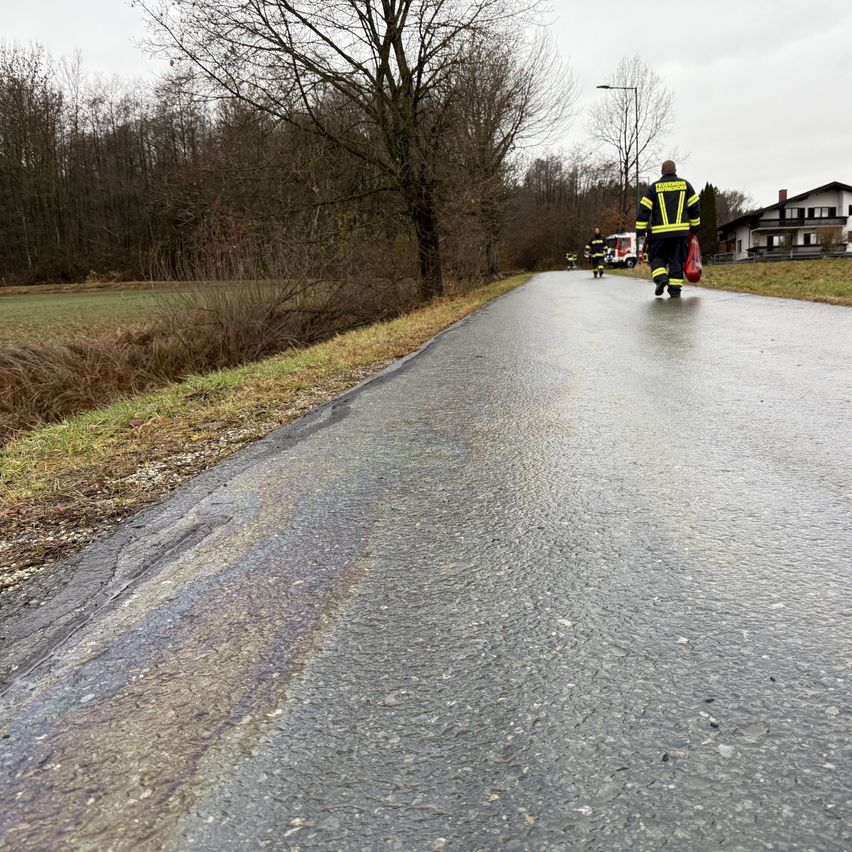 Ein Feuerwehrmann geht auf einer nassen Straße mit einem geparkten Feuerwehrwagen. Das Gebiet ist von Bäumen und Gras umgeben.