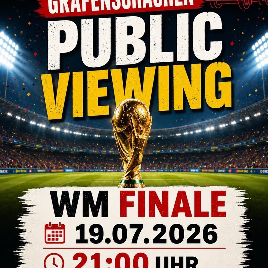 Poster for public viewing of the World Cup final on July 19, 2026, at 21:00. A golden trophy is displayed on a green field.