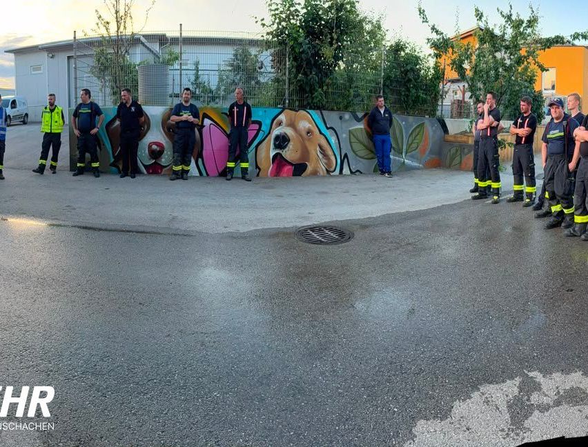 Eine Gruppe Feuerwehrleute steht vor einer farbenfrohen Wand mit Hunden und Pflanzen. Die Wand befindet sich hinter einem Zaun, und sie stehen in einem nassen Bereich.