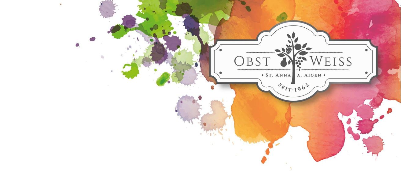 Ein abstraktes Design mit farbenfrohen Farbspritzern in Lila, Grün und Orange. Das Wort 'OBST' ist prominent in Weiß auf weißem Hintergrund dargestellt.