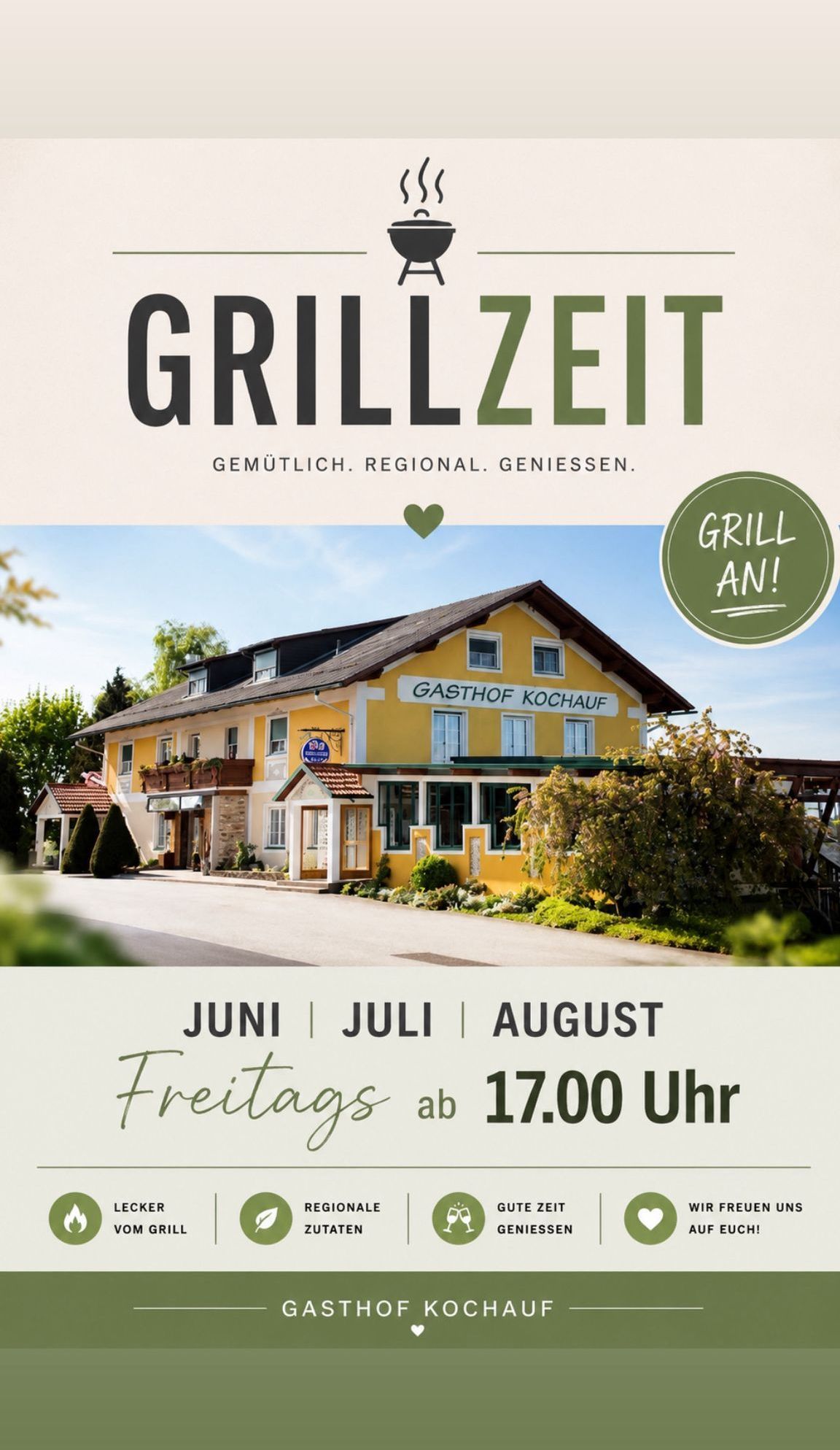 A yellow building named Gasthof Kochauf with a sign that says Grillzeit. The image also includes a heart symbol and the months June, July, and August.