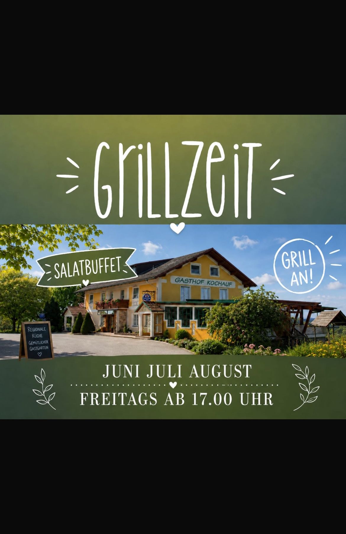 Poster for Grillzeit, a restaurant in Germany, open every Friday starting at 5pm in June, July, and August.