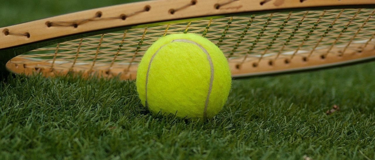 Ein Tennisball liegt auf einem Grasplatz, mit einem Tennisschläger dahinter, dessen Saiten sichtbar und leicht verschwommen sind.