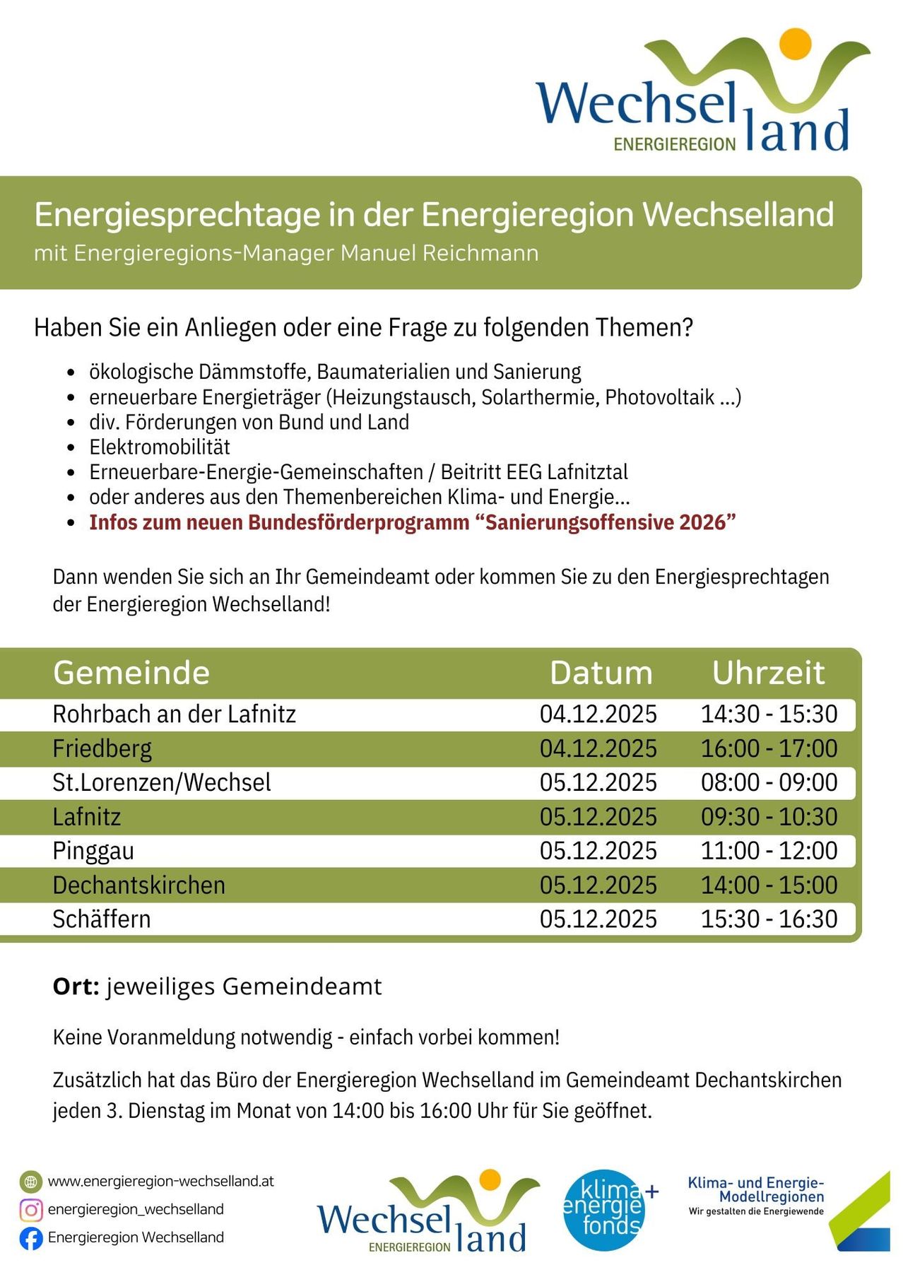 Ein Flyer für Energiegespräche in Wechselland mit Manuel Reichmann. Es werden Themen wie ökologische Dämmstoffe, erneuerbare Energieträger und Elektromobilität aufgeführt. Zeiten und Termine für Treffen in verschiedenen Gemeinden sind angegeben. Keine Anmeldung erforderlich.