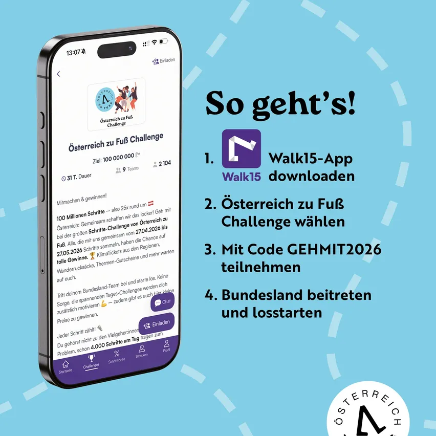 Smartphone zeigt eine Herausforderung mit Text auf blauem Hintergrund. Die Herausforderung ist, 100 Millionen Schritte zu gehen, Österreich für die Herausforderung zu wählen und mit einem Code teilzunehmen. Beginne die Herausforderung.