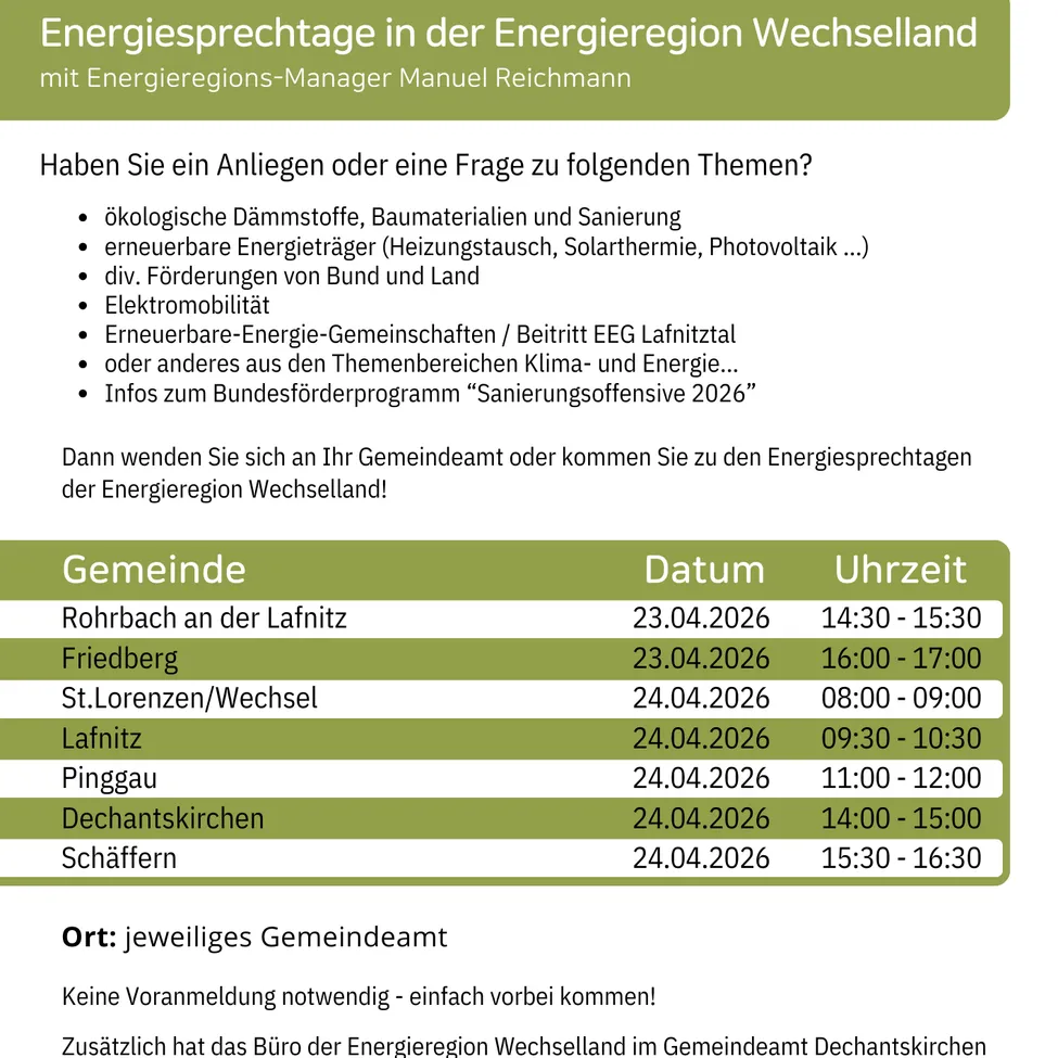 Energiesprechtage in der Energieregion Wechselland mit Energieregions-Manager Manuel Reichmann. Kontaktieren Sie Ihr Gemeindeamt oder kommen Sie zu den Energiesprechtagen der Energieregion Wechselland!