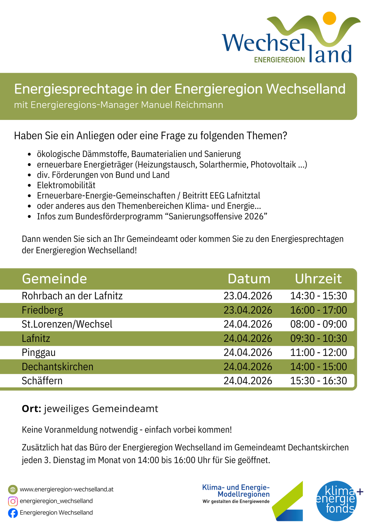 Energiesprechtage in der Energieregion Wechselland mit Energieregions-Manager Manuel Reichmann. Kontaktieren Sie Ihr Gemeindeamt oder kommen Sie zu den Energiesprechtagen der Energieregion Wechselland!