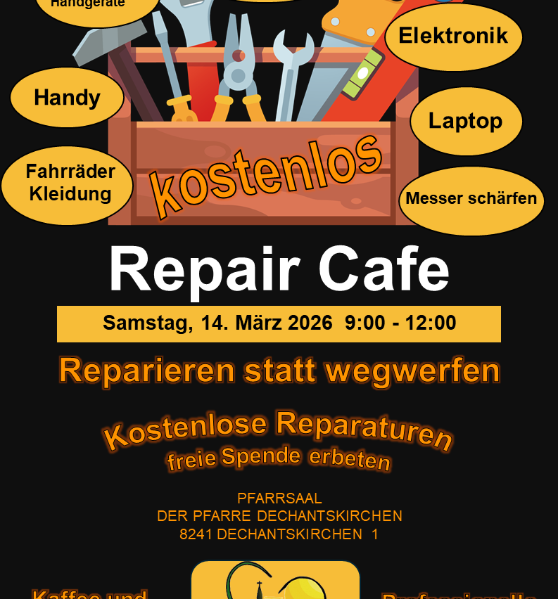Ein Plakat für ein Reparatur-Café-Event am 14. März 2026 von 9:00 bis 12:00 Uhr. Es zeigt verschiedene Reparaturwerkzeuge und Gegenstände wie Hämmer, Schraubenschlüssel und einen Laptop. Der Slogan lautet 'Reparieren statt wegwerfen'.
