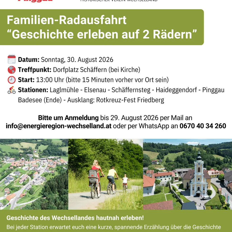 Plakat für eine Familien-Radtour mit dem Titel 'Geschichte erleben auf 2 Rädern'. Es enthält Details wie Datum, Treffpunkt, Startzeit und Stationen. Es bietet auch Kontaktinformationen für die Anmeldung. Das Plakat zeigt Bilder eines Dorfes, einer Familie beim Radfahren und einer Kirche.