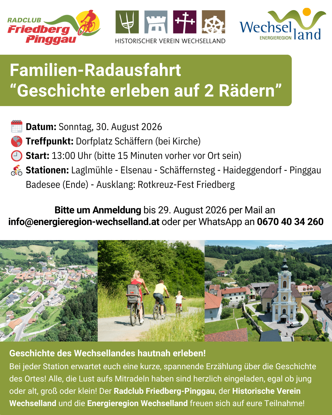 Poster for a family bike tour titled 'Experience History on 2 Wheels'. It includes details such as the date, meeting point, start time, and stations. It also provides contact information for registration. The poster features images of a village, a family biking, and a church.