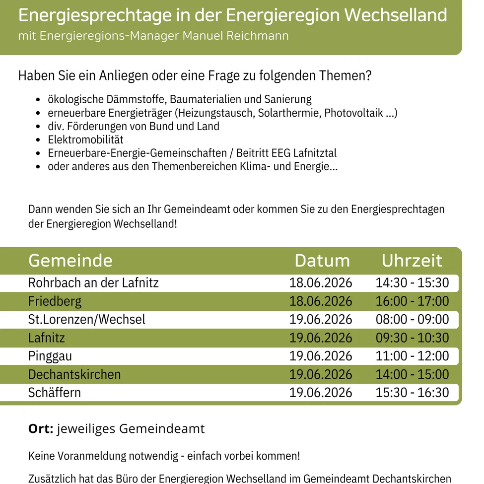 Energiesprechtage in der Energieregion Wechselland mit Energieregions-Manager Manuel Reichmann. Wenden Sie sich an Ihr Gemeinderatsbüro oder kommen Sie zu den Energiesprechtagen der Energieregion Wechselland.