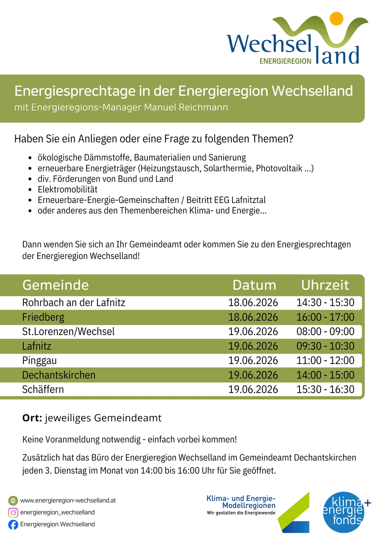 Energiesprechtage in der Energieregion Wechselland mit Energieregions-Manager Manuel Reichmann. Wenden Sie sich an Ihr Gemeinderatsbüro oder kommen Sie zu den Energiesprechtagen der Energieregion Wechselland.