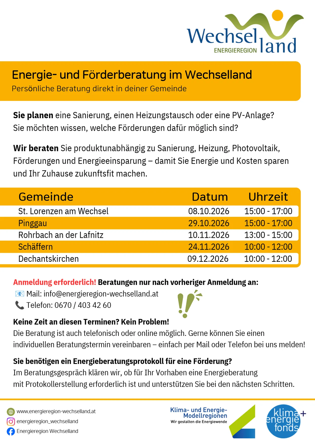Ein Plakat für Energie- und Förderberatung im Wechselland, das Informationen über persönliche Beratungen für Hausverbesserungen und Energieeinsparungen bietet.