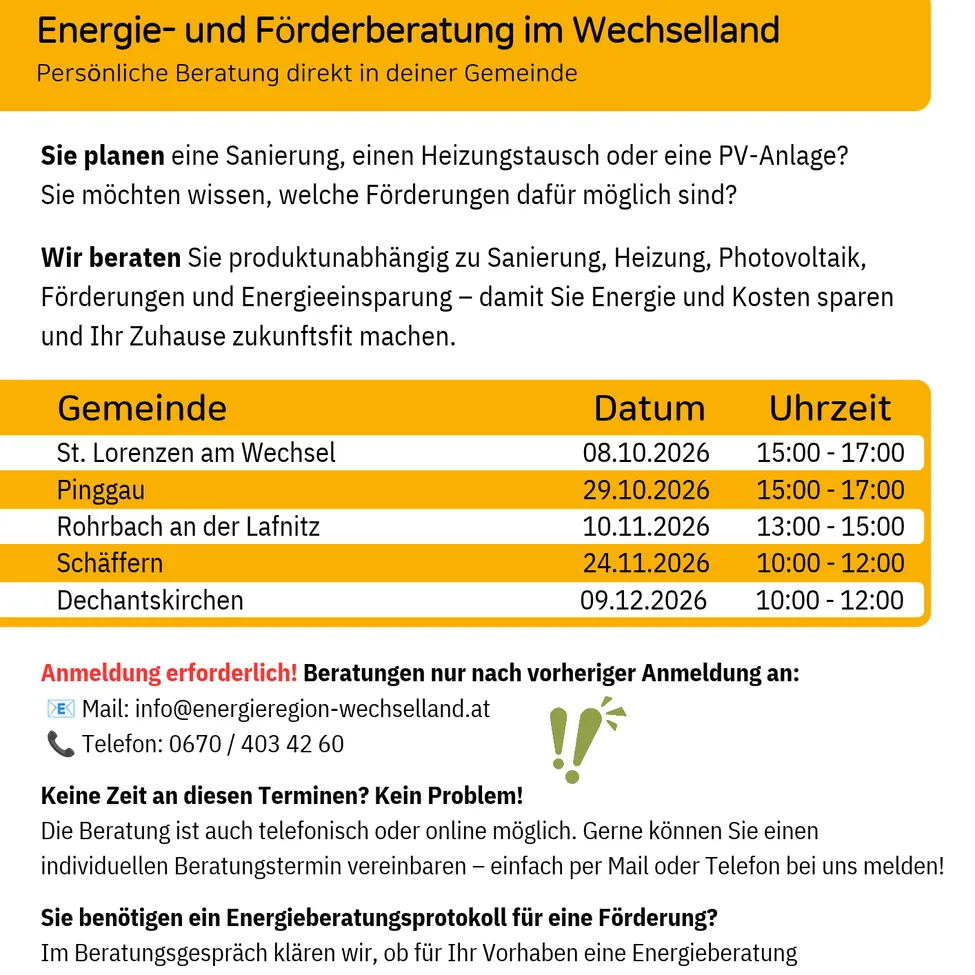 Ein Plakat für Energie- und Förderberatung im Wechselland, das Informationen über persönliche Beratungen für Hausverbesserungen und Energieeinsparungen bietet.
