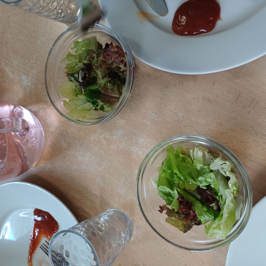 Ein Holztisch mit einigen Schüsseln Salat und Tellern mit Sauce. Ein Glas Wasser und ein Glas Saft sind ebenfalls vorhanden.