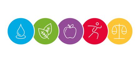 Eine Reihe von vier farbigen Kreisen, die jeweils verschiedene Symbole darstellen: Grün für Blätter, Lila für einen Apfel, Rot für eine laufende Figur und Blau für ein abstraktes Symbol.