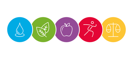 Drei Symbole: ein Blatt, ein Apfel und ein Läufer. Jedes Symbol ist in einem eigenen farbigen Kreis. Die Kreise sind grün, lila und rot.