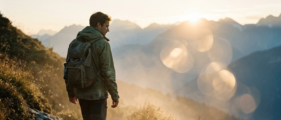 Ein Wanderer mit Rucksack geht auf einem Bergpfad mit wunderschöner Aussicht auf die Berge und den untergehenden Sonnenuntergang.